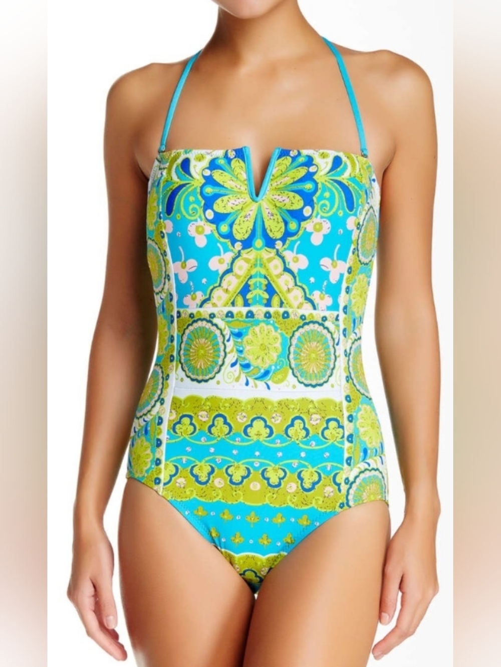 Trina Turk Woodblock Bandeau One Piece Swimsuit Blue Green Retro Print Size 6